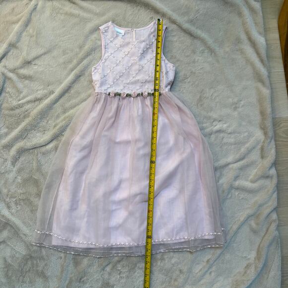 Bonnie Jean Girls Pink Tulle Dress SZ 14 Rosettes Lattice Tie Waist Midi Wedding - Picture 7 of 8